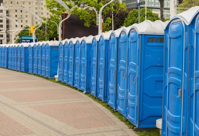 a row of portable restrooms at an outdoor special event, ready for use in Mesa